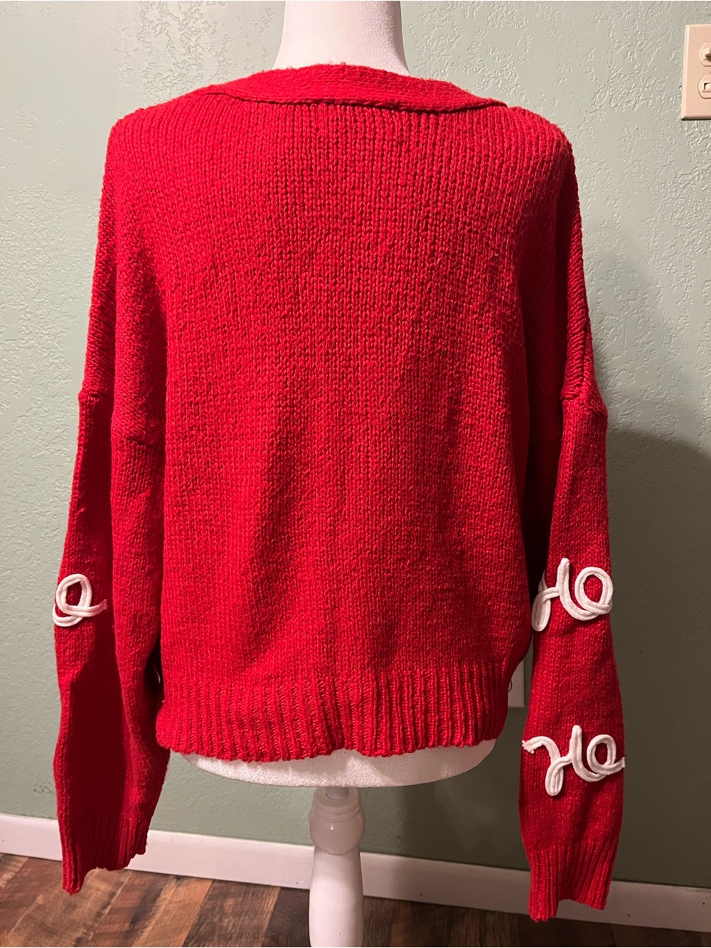No Boundaries Red V-Neck 'Ho' Holiday Cardigan Sweater - Picture 2 of 6